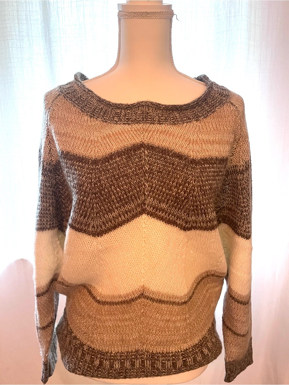 Chevron Stripe Crewneck Sweater in Cream and Brown